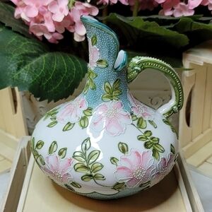 Antique Nippon Cherry Blossom Handcrafted Hand Painted Moriage Ewer Vase